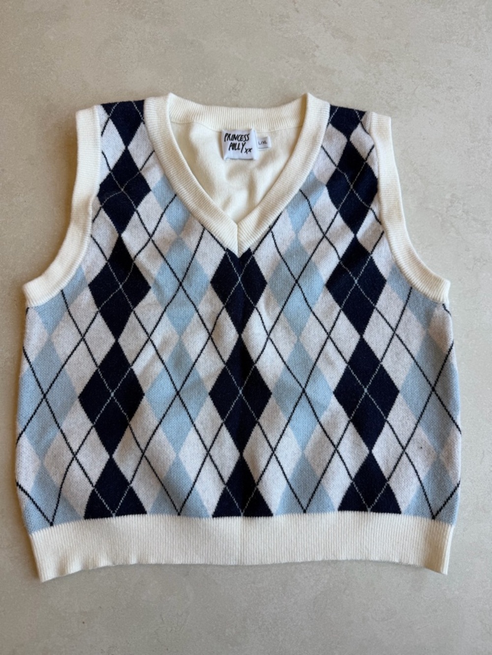 Princess Polly Cream and Light Blue Argyle Knit Vest